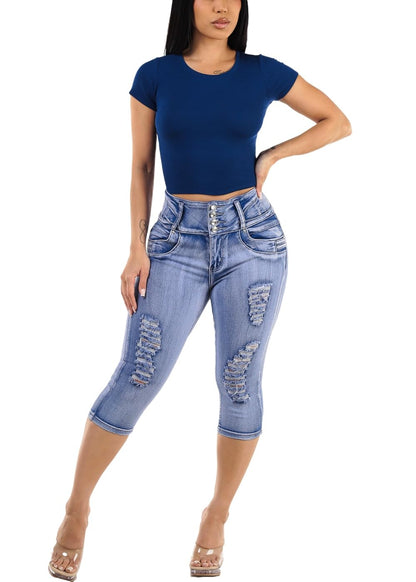 Butt Lifting Denim Capris for Women - High Waisted Stretch Levanta Cola Capris