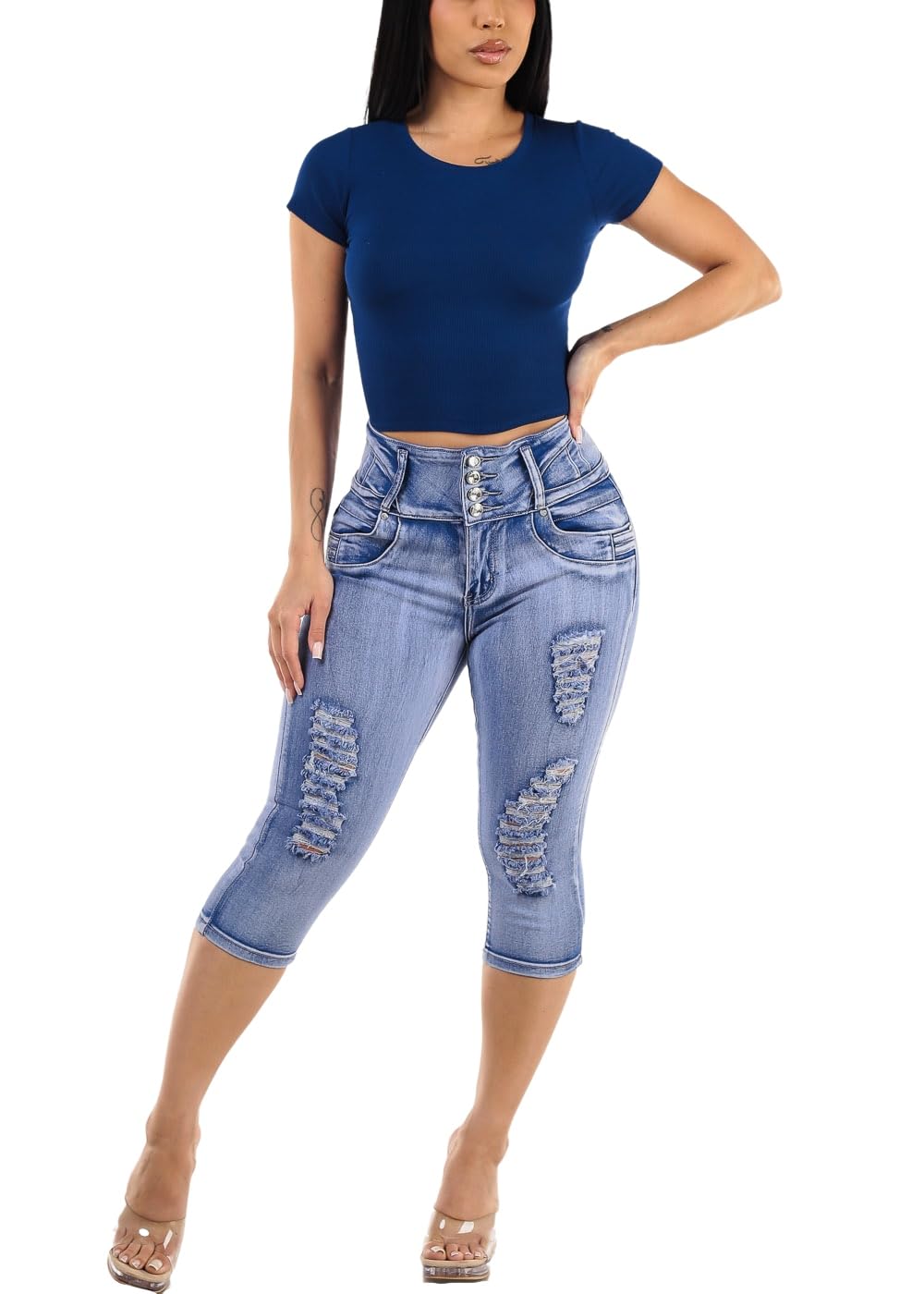 Butt Lifting Denim Capris for Women - High Waisted Stretch Levanta Cola Capris
