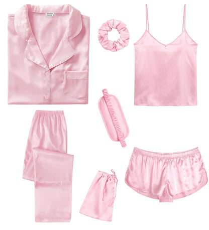 SWOMOG Womens Silk Satin Pajamas Sets 7pcs Sleepwear Sexy Cami Shorts Set and Button Down Short Sleeve Satin Pjs