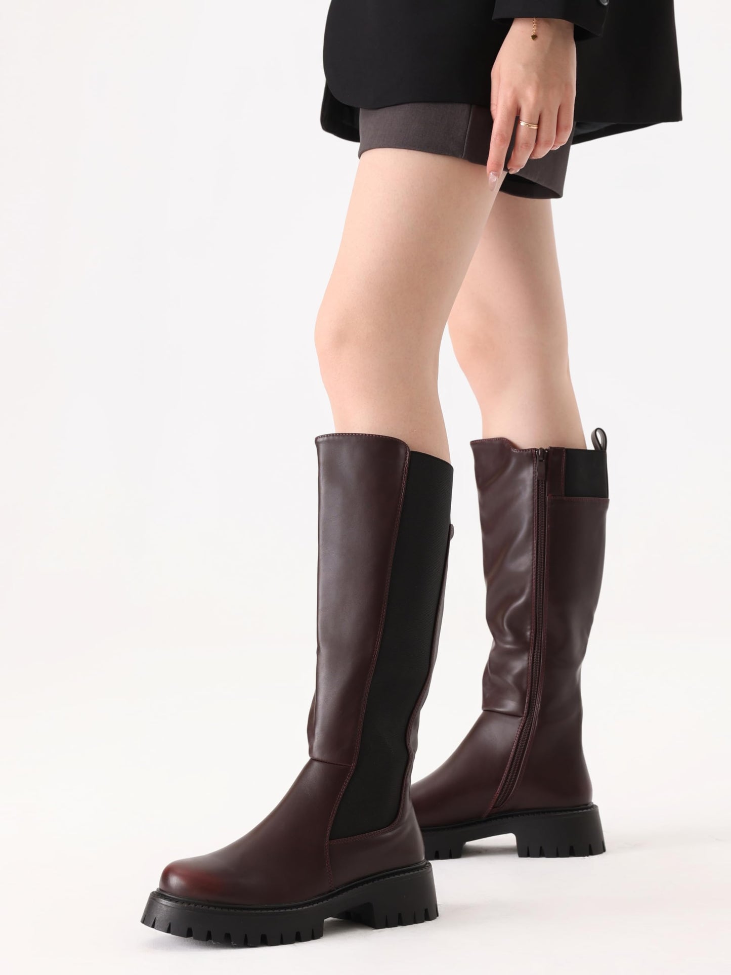 PODAIK Women’s Knee High Boots Platform Stretch Lug Sole Riding Boots Round Toe Elastic Comfortable Fashion Dress Boots with Side Zipper(10,burgundy)