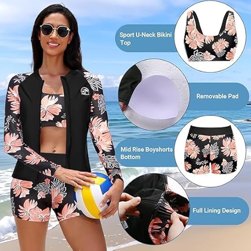 Holipick Orange Floral Long Sleeve Swimsuits for Women - 3 Piece Rash Guard with Shorts Zipper SPF Swim Shirt with Built in Bra L
