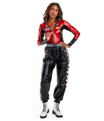 Women's Front Zip Halloween Bodysuit - Shiny Two Piece Astronaut Costume Red Speedy Driver