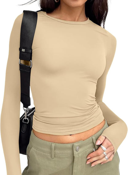 Long Sleeve Crop Top for Women - Stretchy Basic Tee with Crew Neck