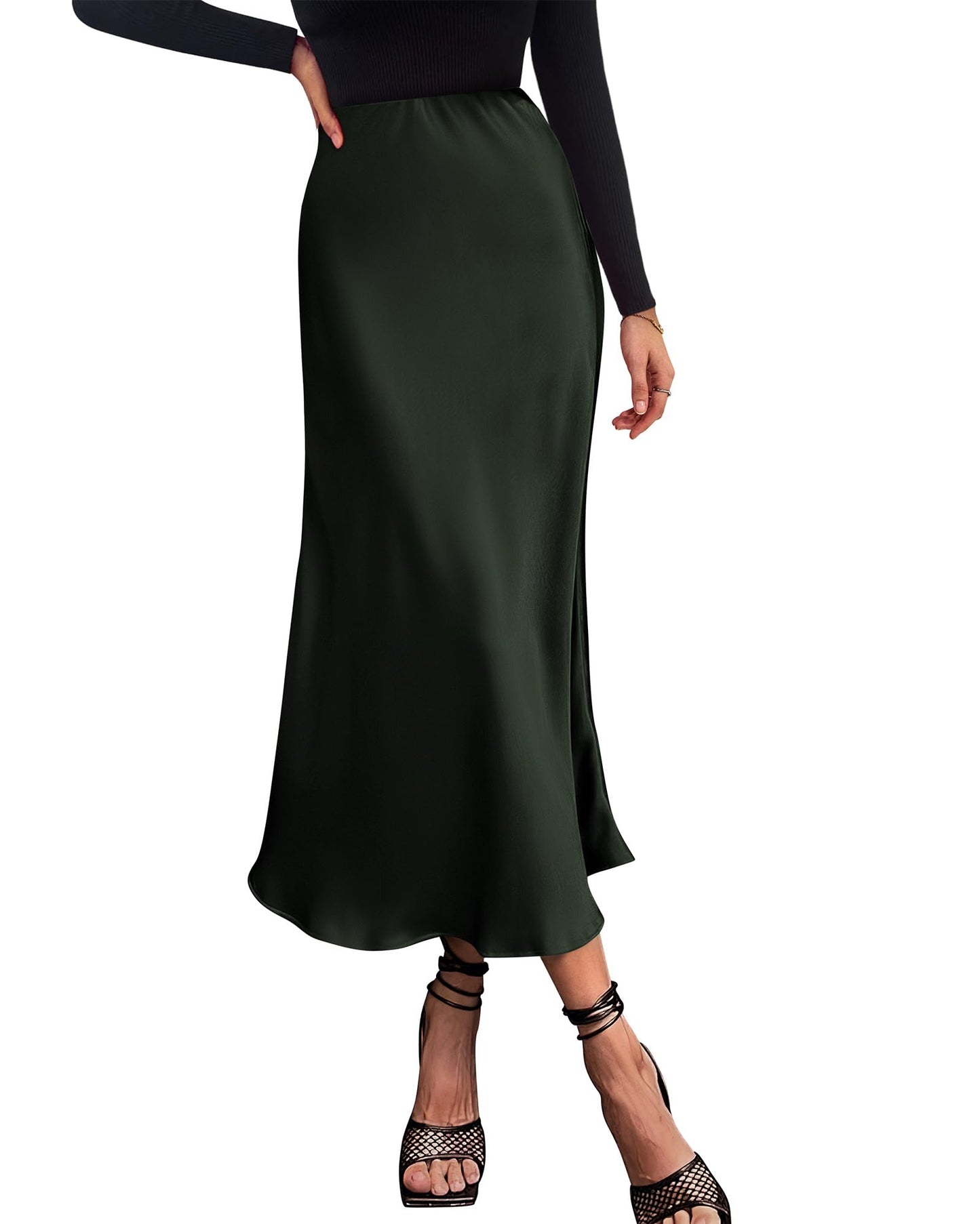 Women's High Waist Satin Midi Skirt - Elegant A-Line Flowy Party Wedding Skirt Dark Army Green