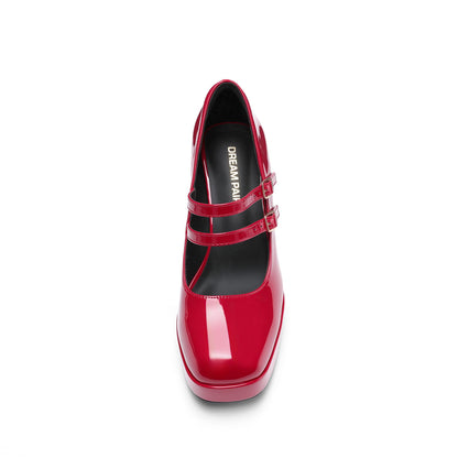 DREAM PAIRS Women's Platform Mary Jane High Chunky Closed Toe Heels Block Square Toe Double Strap Dress Pumps Fashion Party Y2K Shoes,Size 9,Red-Pat,DWUMPU2572