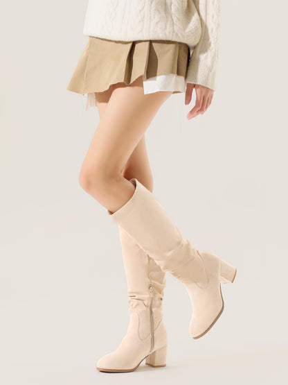Shoe'N Tale Women's Knee High Boots Chunky Heel Pointed Toe Suede Slouch Winter Shoes with Side Zipper
