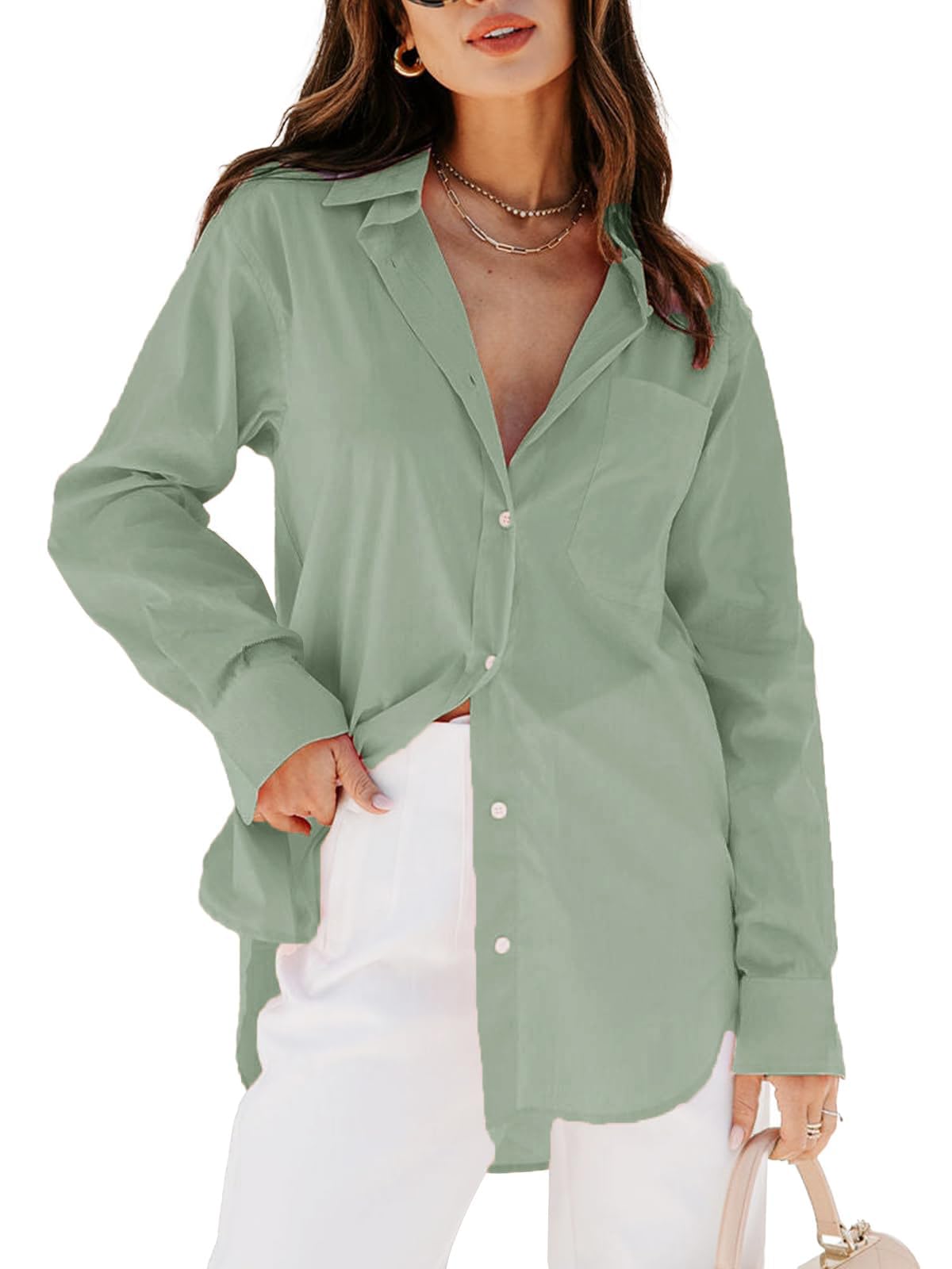 Women's Button Down Shirt - Long Sleeve V-Neck Blouse with Pockets