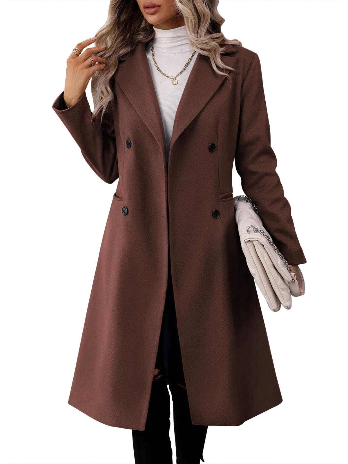 Danedvi Womens Long Double Breasted Coats Lapel Collar Pea Coat Winter Slim Fit Jackets Trench Coat Outwear