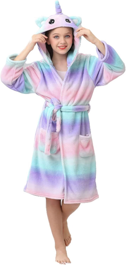 Girls Hooded Fleece Bathrobe - Soft Plush Warm Robe for Kids 3-14 Years