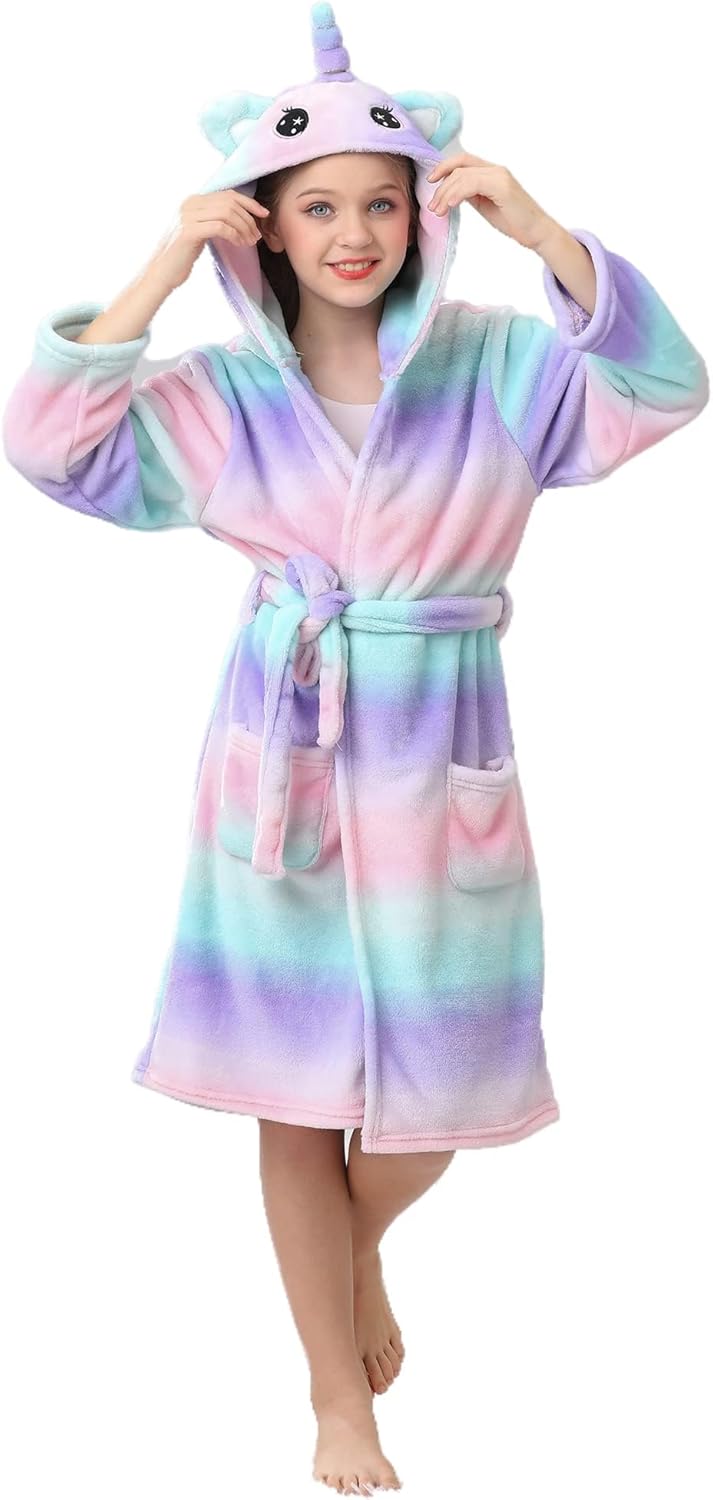 Girls Hooded Fleece Bathrobe - Soft Plush Warm Robe for Kids 3-14 Years