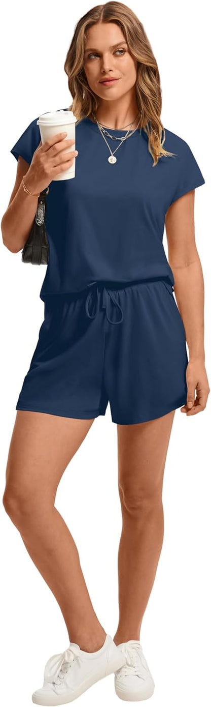 Women's 2 Piece Summer Lounge Set Crew Neck Short Sleeve Tracksuit