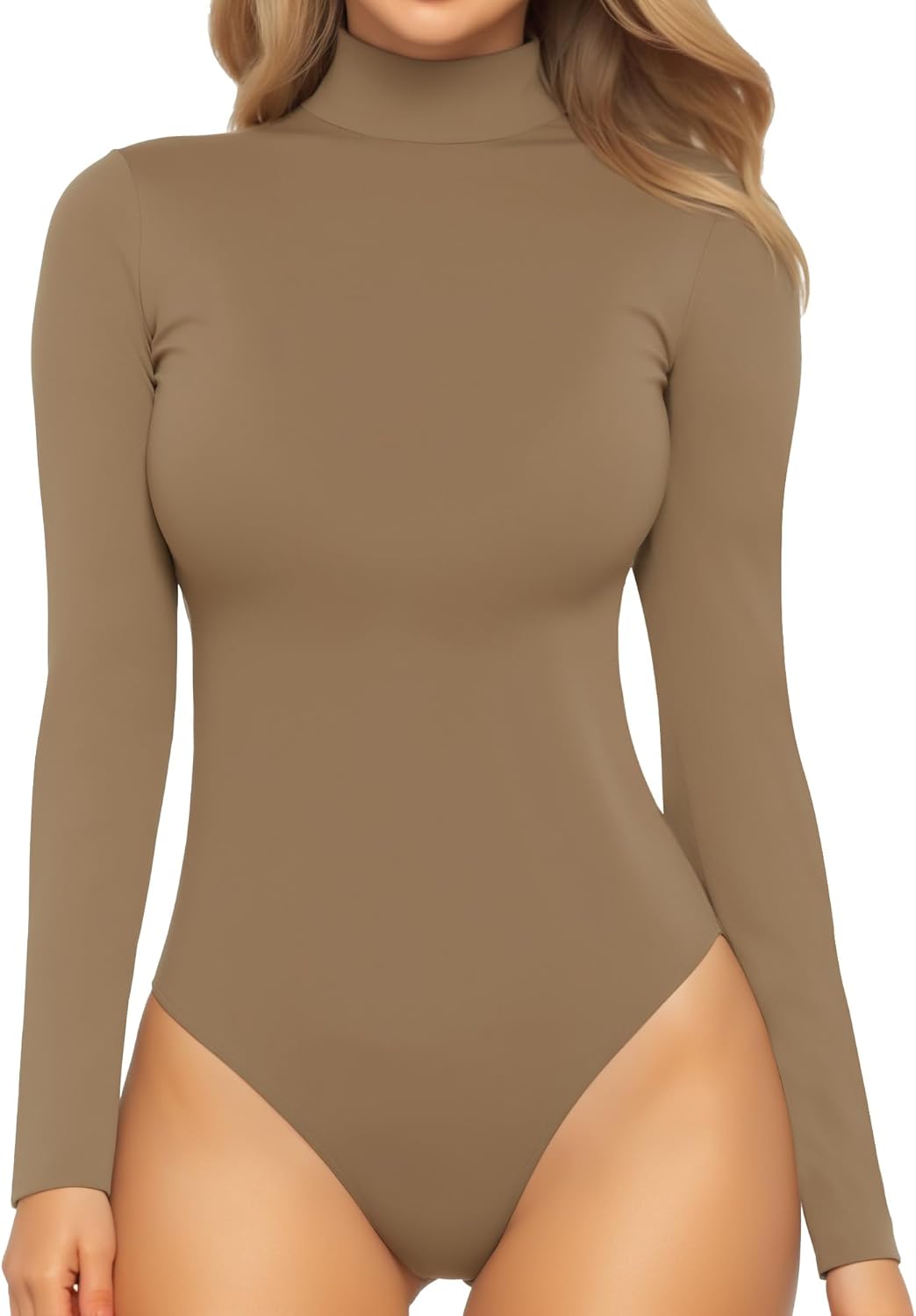Mock Turtleneck Bodysuit - Long Sleeve Fitted Top with Snap Closure Small 04 Long Sleeve Tan