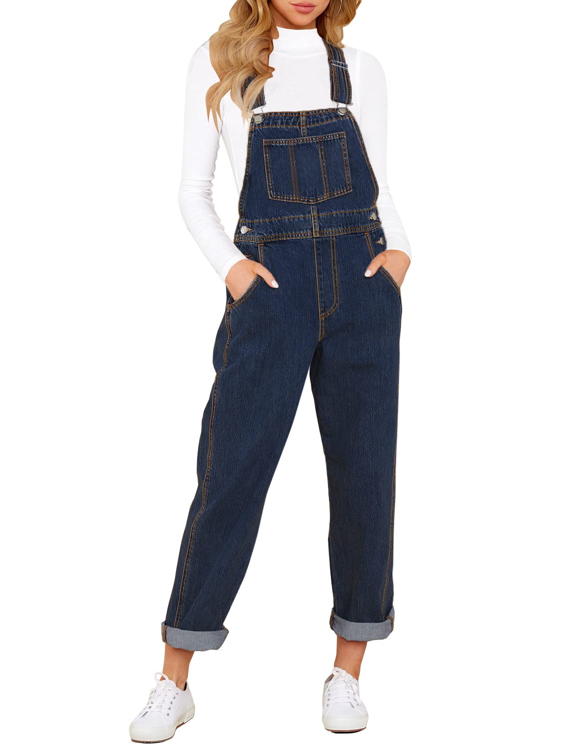 Denim Bib Overalls - Adjustable Loose Fit Jeans Jumpsuit for Women