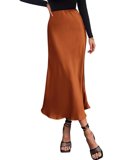 Women's High Waist Satin Midi Skirt - Elegant A-Line Flowy Party Wedding Skirt Rust Red