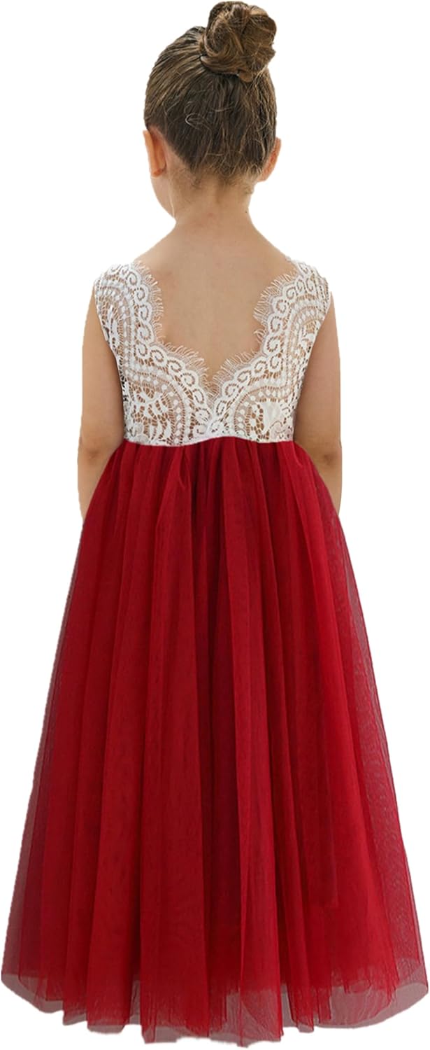 Girls Tulle Flower Girl Dress - Lace Back A-Line Party Dress Wine Red Sleeveless Maxi