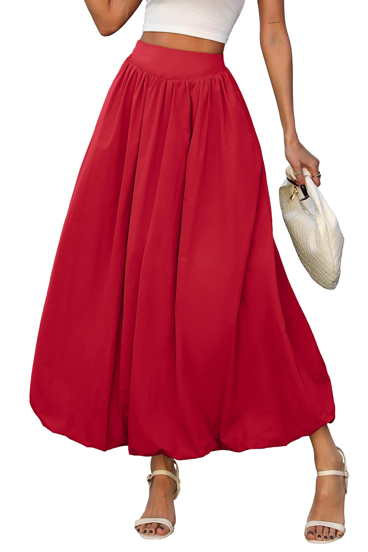 Bubble Skirt with Pockets - Elastic Waist Y2K A-Line Long Skirt for Women