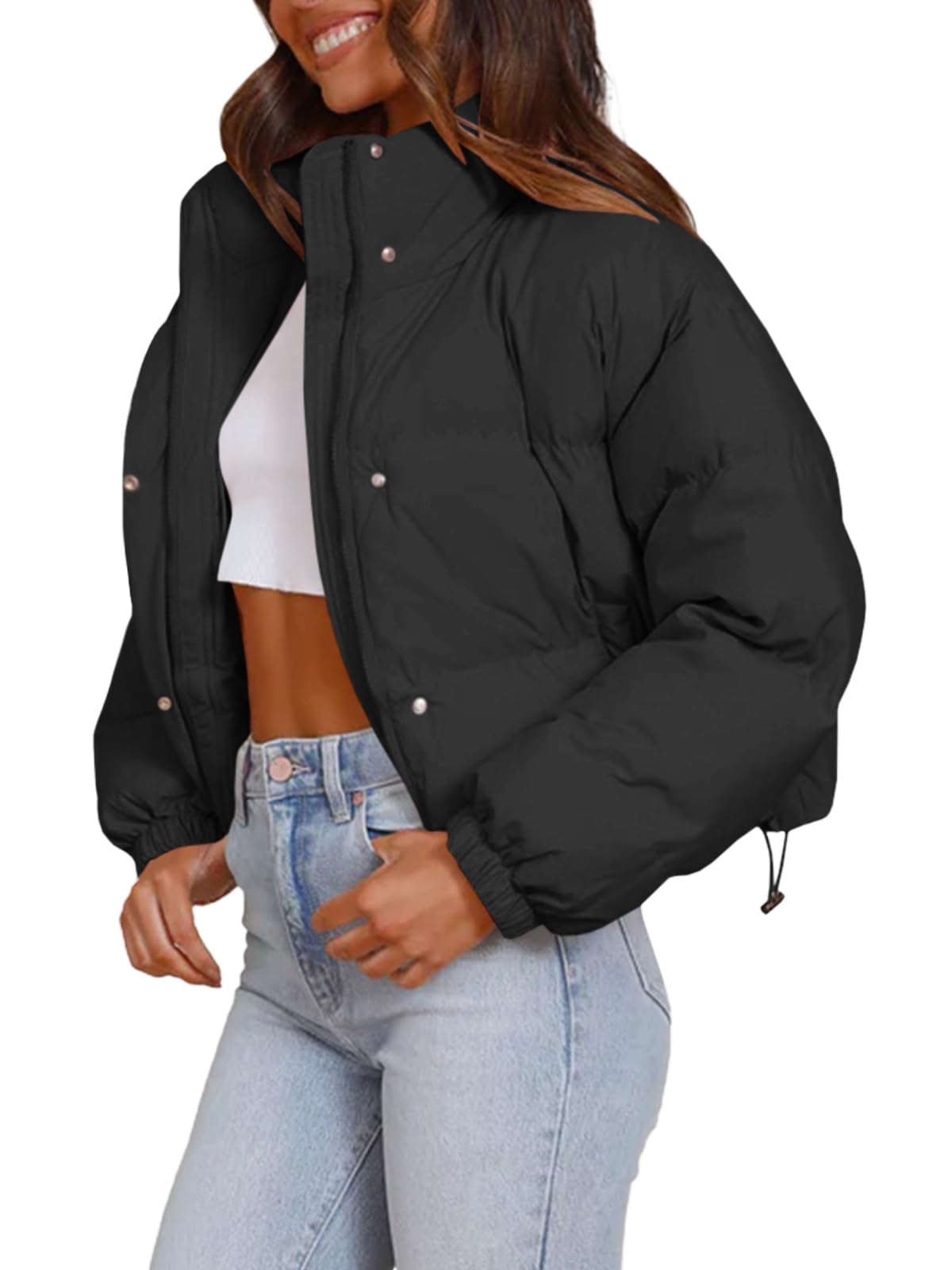 Imily Bela Womens Cropped Puffer Jackets Long Sleeve Stand Collar Coats Quilted Zipper Outerwear