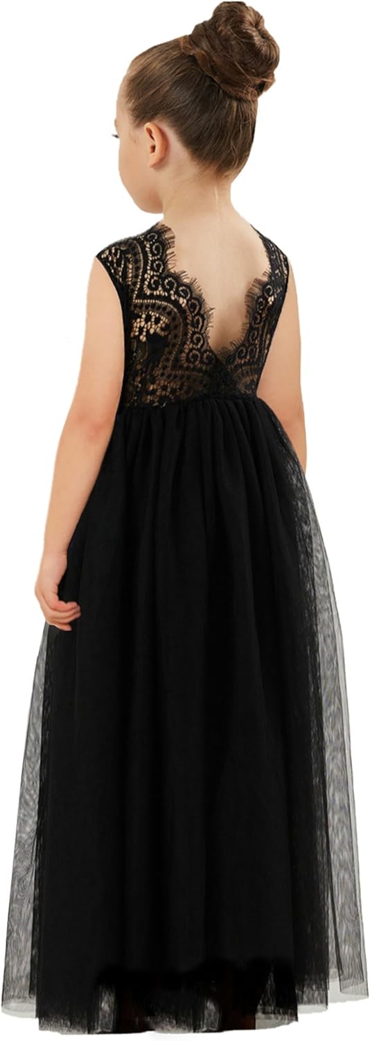 Girls Tulle Flower Girl Dress - Lace Back A-Line Party Dress All Black Sleeveless Maxi