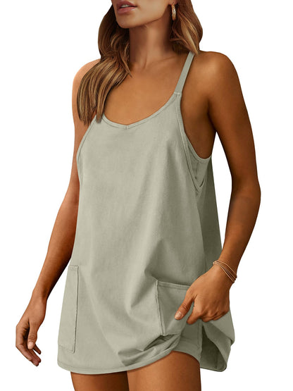 Athletic Dress Women Tennis Workout Sports Mini Romper with Built-in Shorts Light Grey