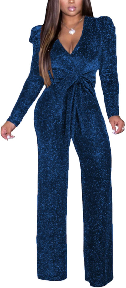 Women's Sparkly Jumpsuits Sexy Long Sleeve Cocktail Elegant Mock Neck Bodycon Straight Long Pants Rompers with Pockets