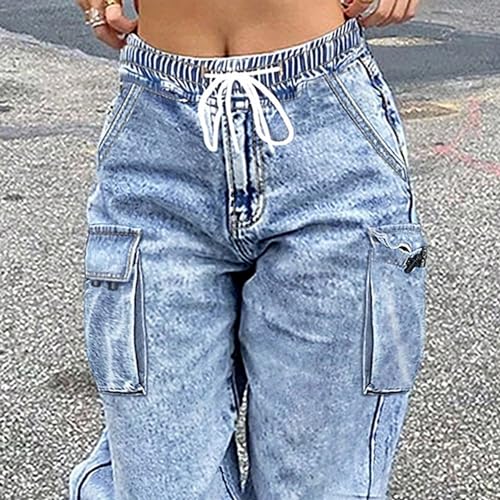 AprPith Mid Rise Cargo Jeans Women Elastic Waist Stretch Wide Leg Denim Pants with Pockets Baggy Streetwear Pants y2k Light Blue
