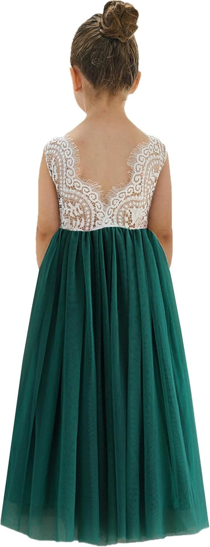 Girls Tulle Flower Girl Dress - Lace Back A-Line Party Dress Green Sleeveless Maxi