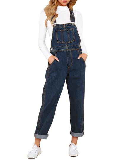 Denim Bib Overalls - Adjustable Loose Fit Jeans Jumpsuit for Women B Blue Plunge