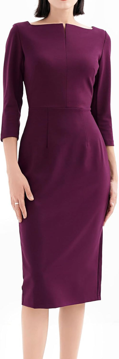 Work Office Business Dress - Square Neck Sheath Midi Dress with Long Sleeves Burgundy 507