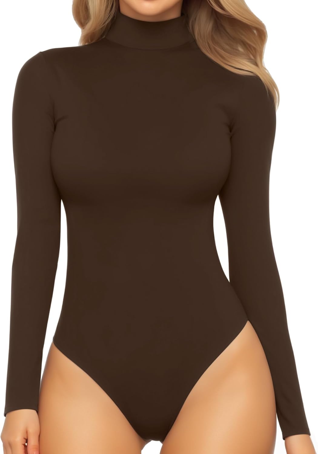 Mock Turtleneck Bodysuit - Long Sleeve Fitted Top with Snap Closure 04 Long Sleeve Coffee