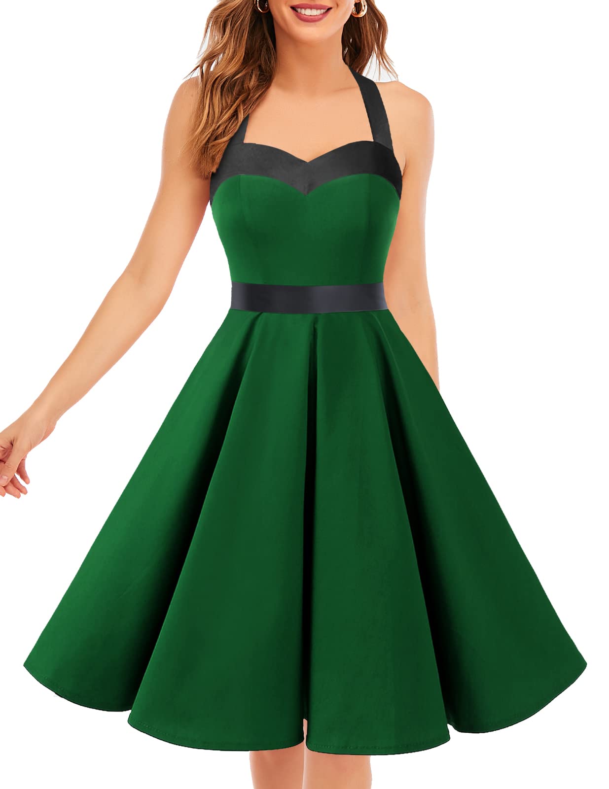 Vintage 1950s Cocktail Dress - Retro Halter Swing Dress for Party & Wedding Green Black