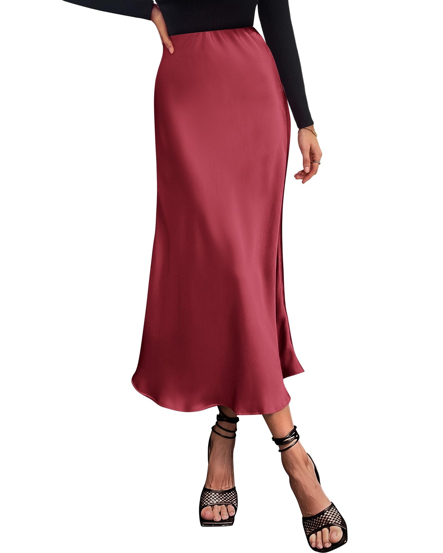Women's High Waist Satin Midi Skirt - Elegant A-Line Flowy Party Wedding Skirt Bean Paste Pink