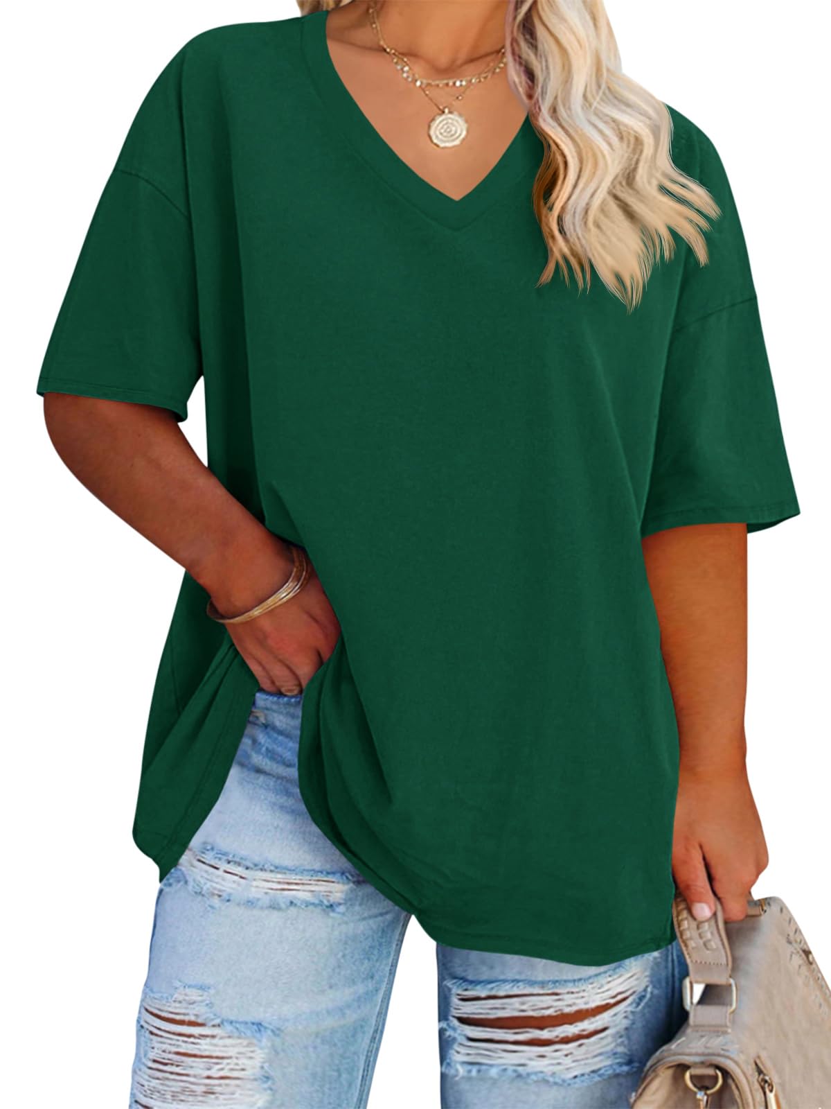 Cato Fashions Online - Women's Plus Size V-Neck Cotton T-Shirts - Summer Half Sleeve Casual Loose Fit Tunic Tops Dark Green