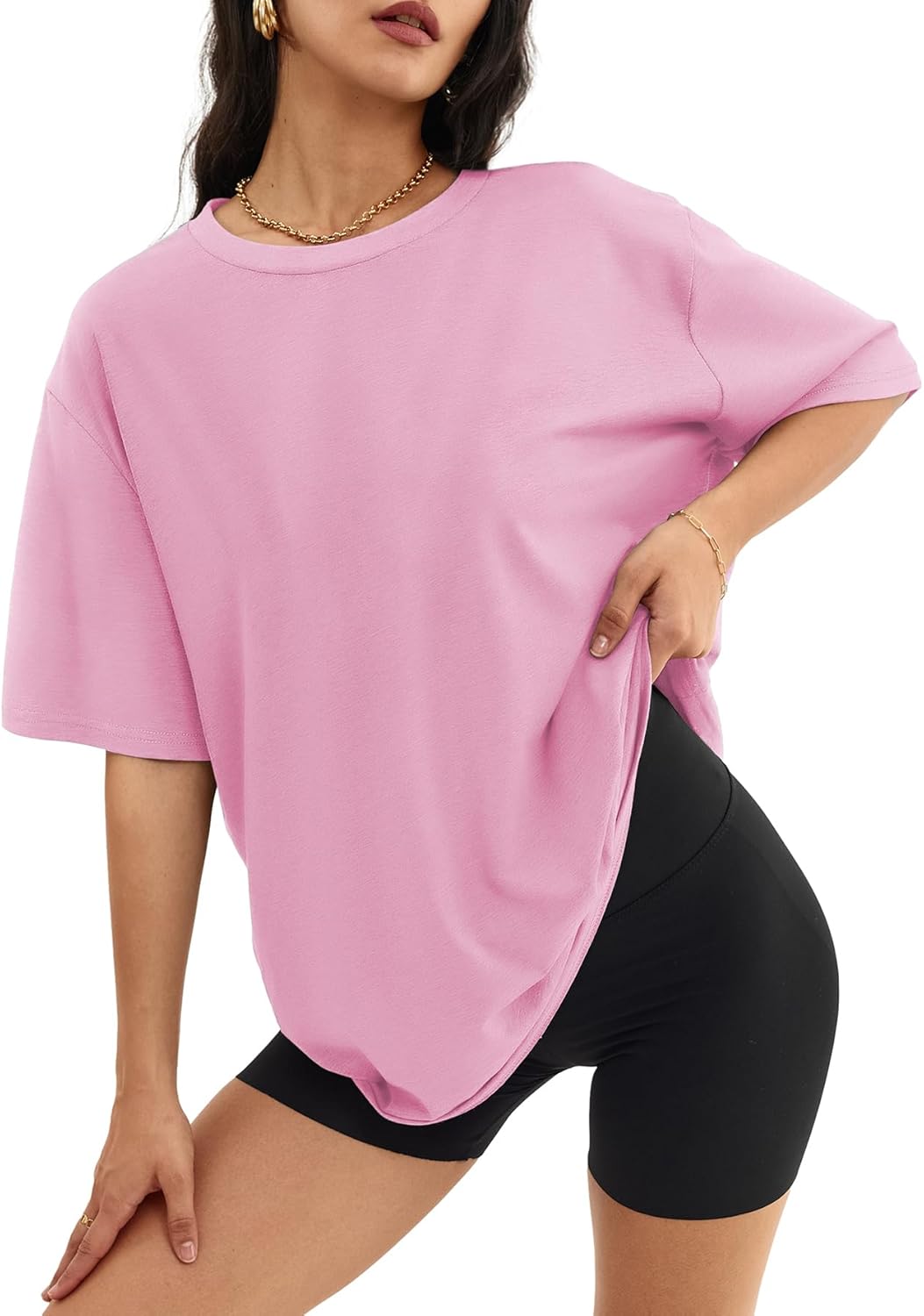 Women's Oversized T Shirts - Loose Fit Crewneck Short Sleeve Casual Tops Pink