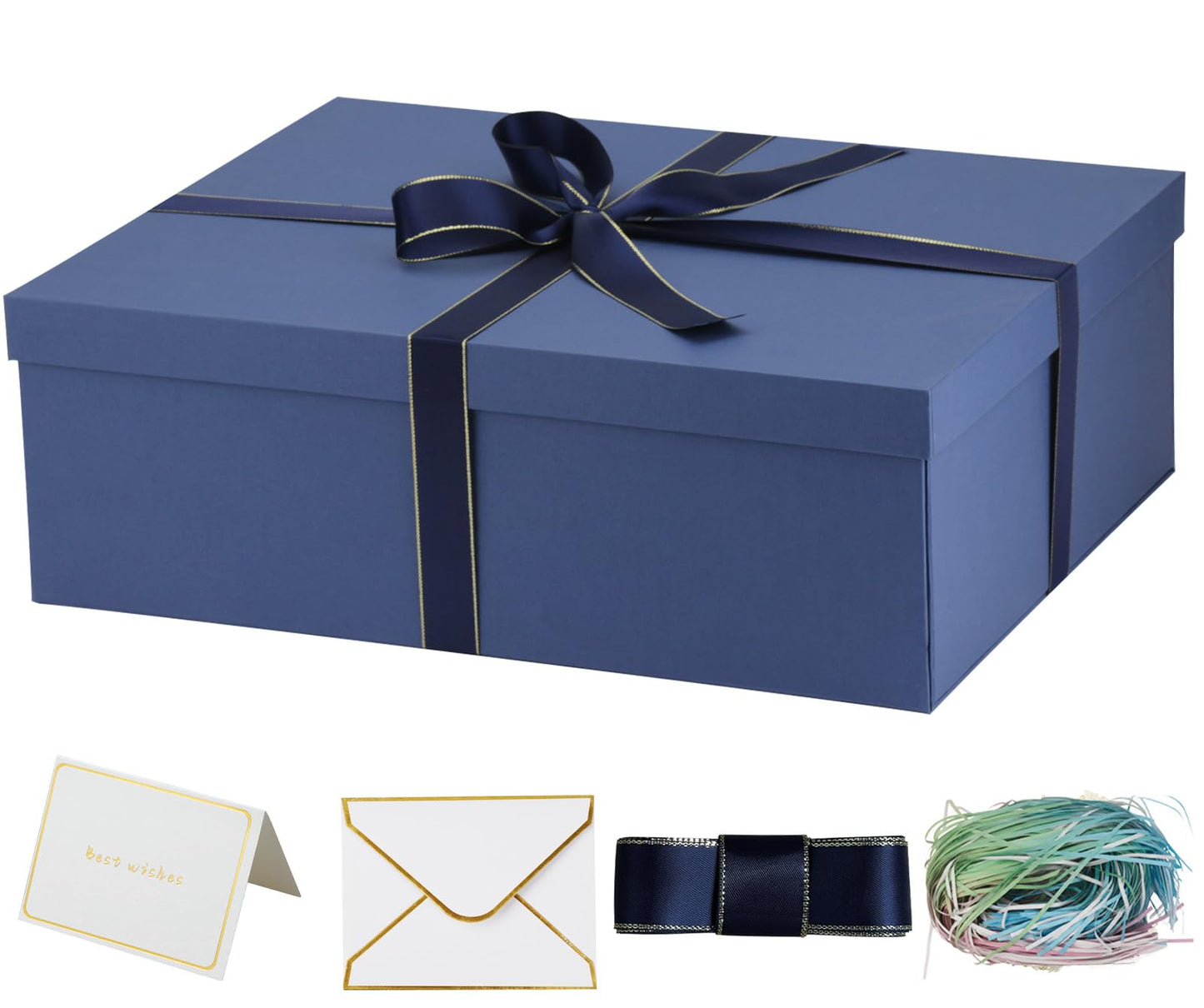 Large Gift Box with Lid 16.5x13x5.5 inches - Includes Card, Ribbons & Filler 1 Count (Pack of 1) blue