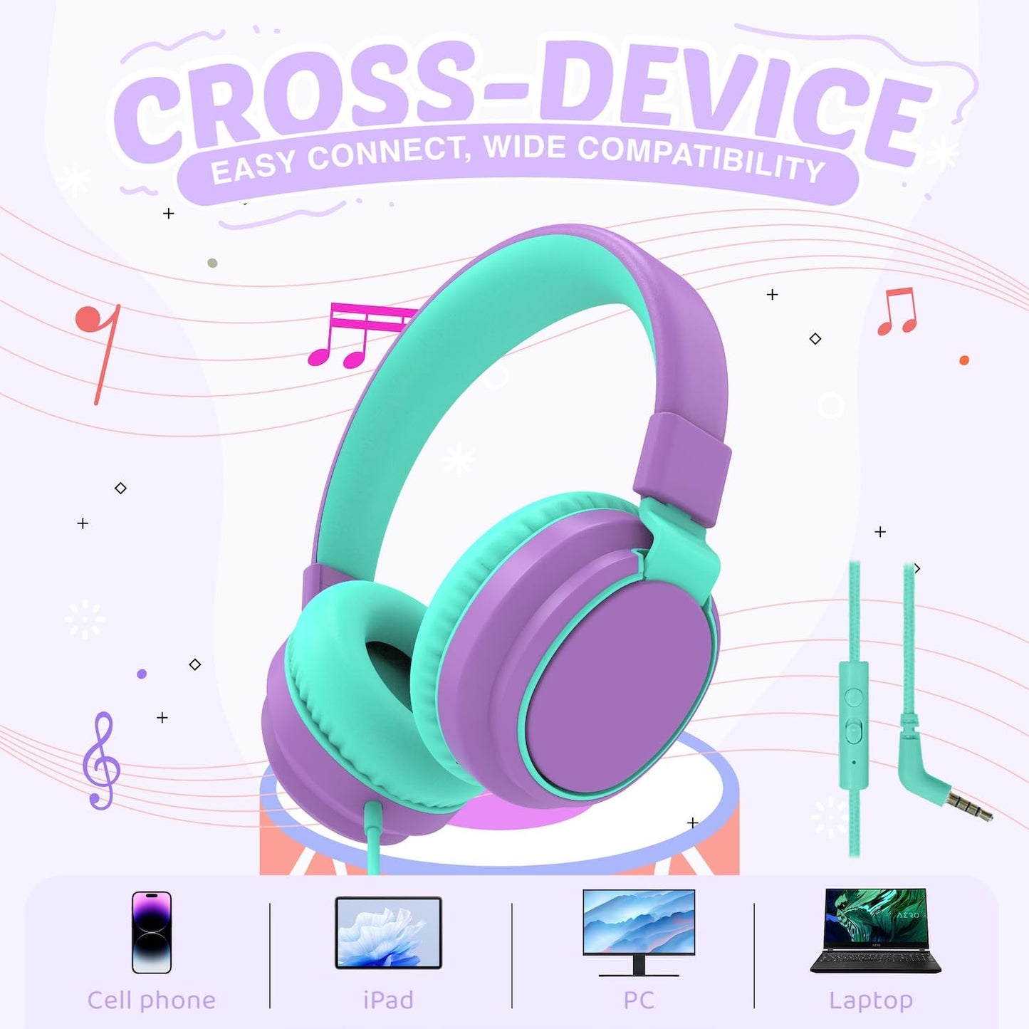 Kids Headphones Volume Limited 85/94dB - Wired Over-Ear Foldable Headset with Microphone Pink