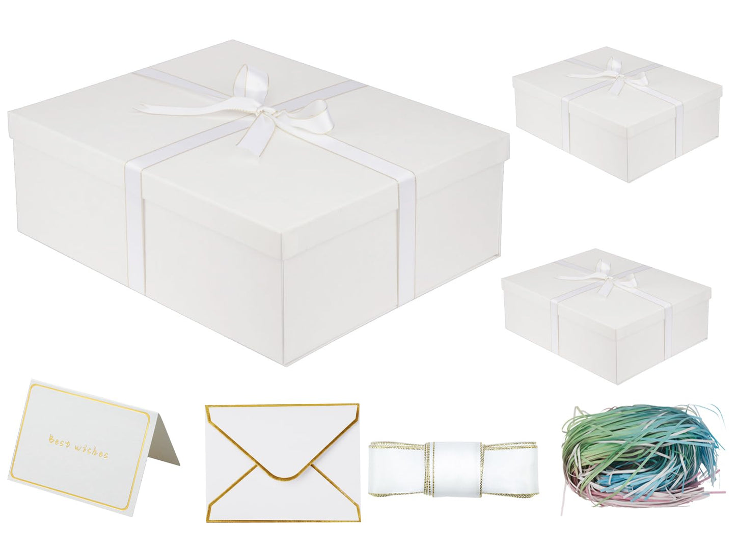 Large Gift Box with Lid 16.5x13x5.5 inches - Includes Card, Ribbons & Filler 1 Count (Pack of 3) 02-white