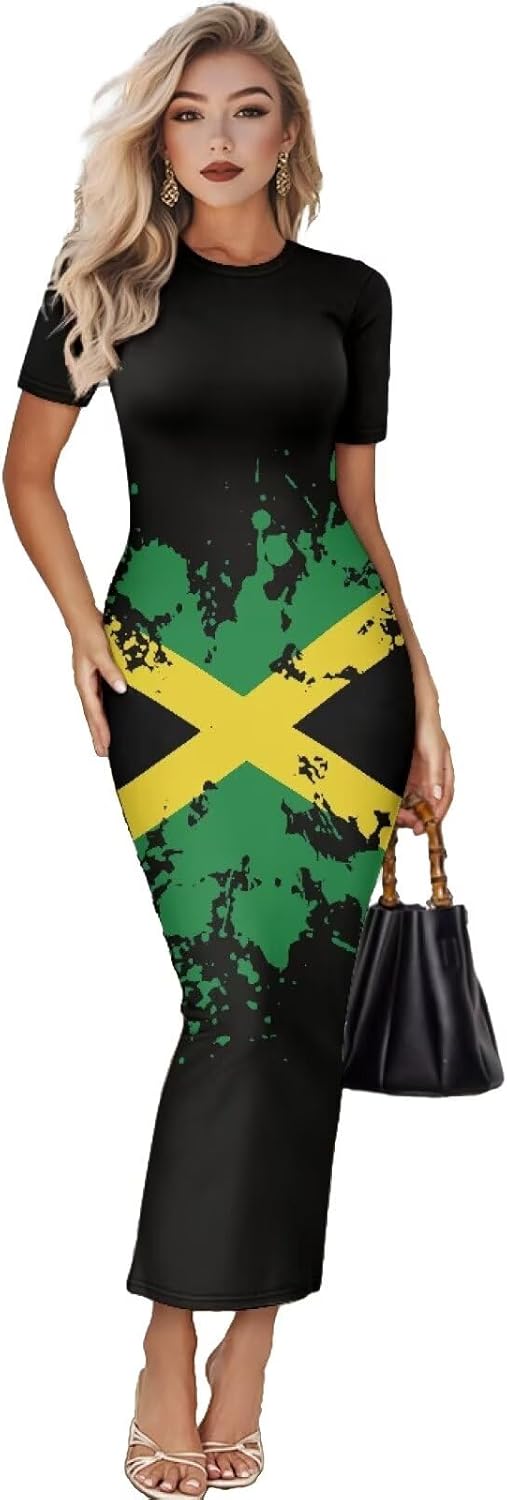 Women's Jamaican Flag Bodycon Midi Dress Short Sleeve British Flag Union Jack
