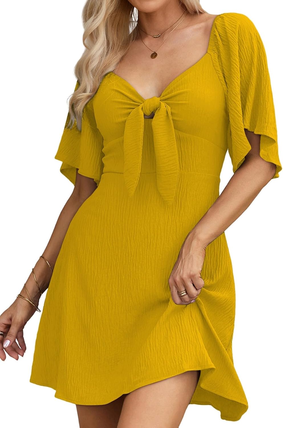 Women's Deep V-Neck Mini Dress with Bow Tie - Elegant Summer Fall Outfit
