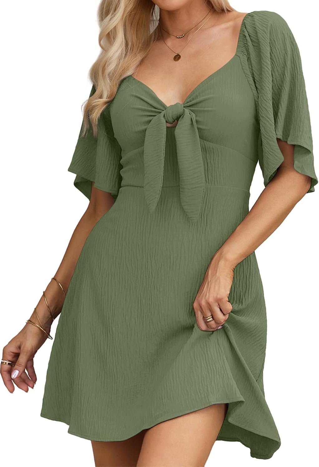 Women's Deep V-Neck Mini Dress with Bow Tie - Elegant Summer Fall Outfit Moss
