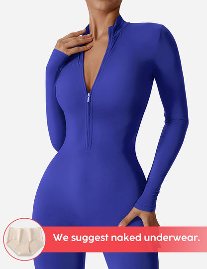 Women's Long Sleeve Workout Jumpsuit - Zip Up Bodycon Romper One Piece