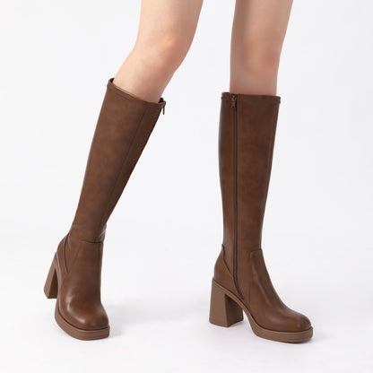 Athlefit Knee High Boots Women Chunky Platform High Heel Tall Boots Square Toe Fashion Dress Stretch Long Heeled Booties Tan Size 7.5