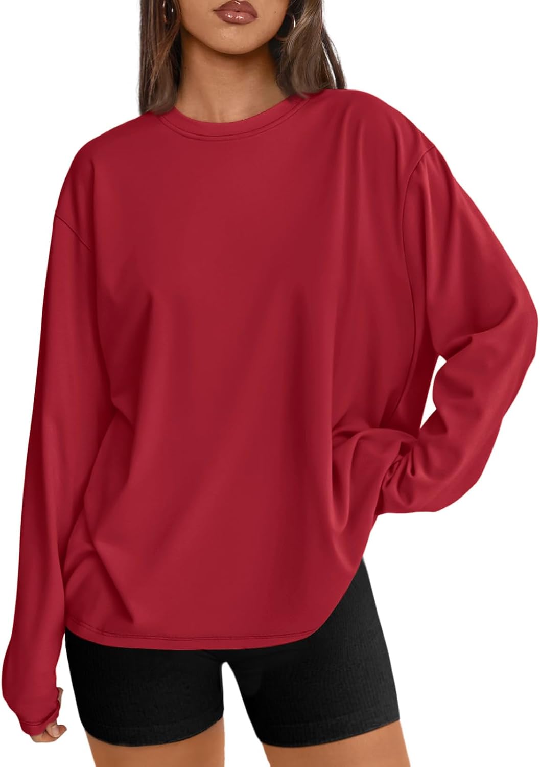 Women's Oversized Long Sleeve T-Shirt Casual Crewneck Basic Tee Red