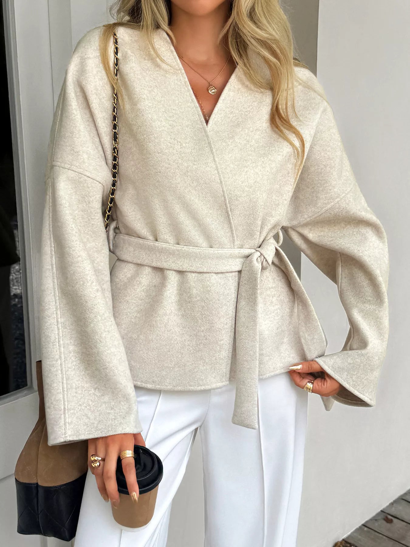 Surplice Dropped Shoulder Tie Belt Outerwear Apricot