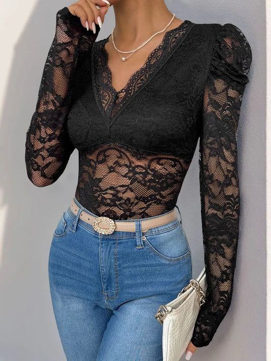 Perfee Lace V-Neck Long Sleeve Bodysuit Black