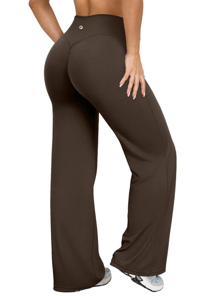 Women's High Waist Yoga Pants - Soft Stretch Straight Leg Bottoms Darkbrown
