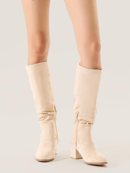 Shoe'N Tale Women's Knee High Boots Chunky Heel Pointed Toe Suede Slouch Winter Shoes with Side Zipper