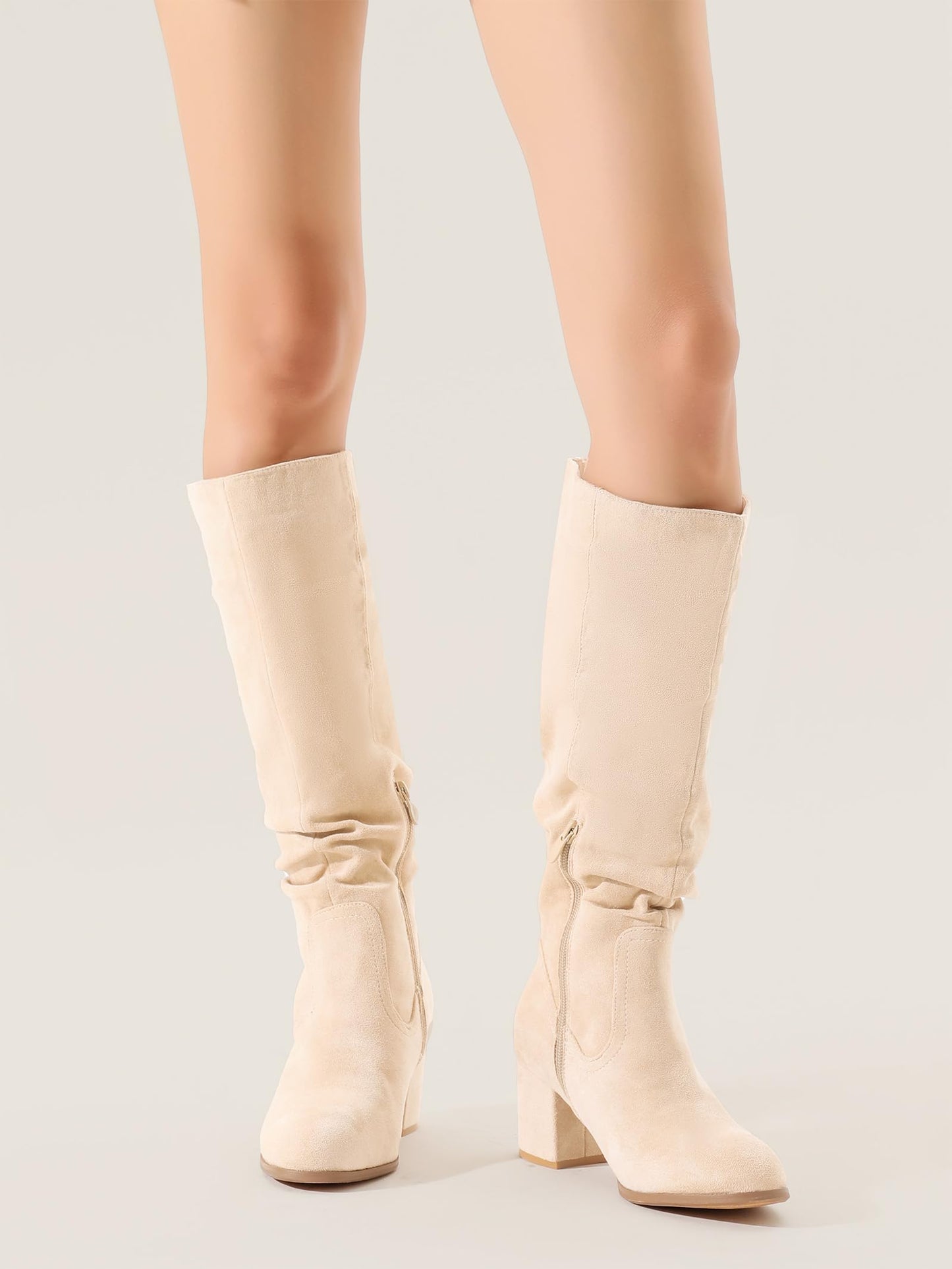 Shoe'N Tale Women's Knee High Boots Chunky Heel Pointed Toe Suede Slouch Winter Shoes with Side Zipper