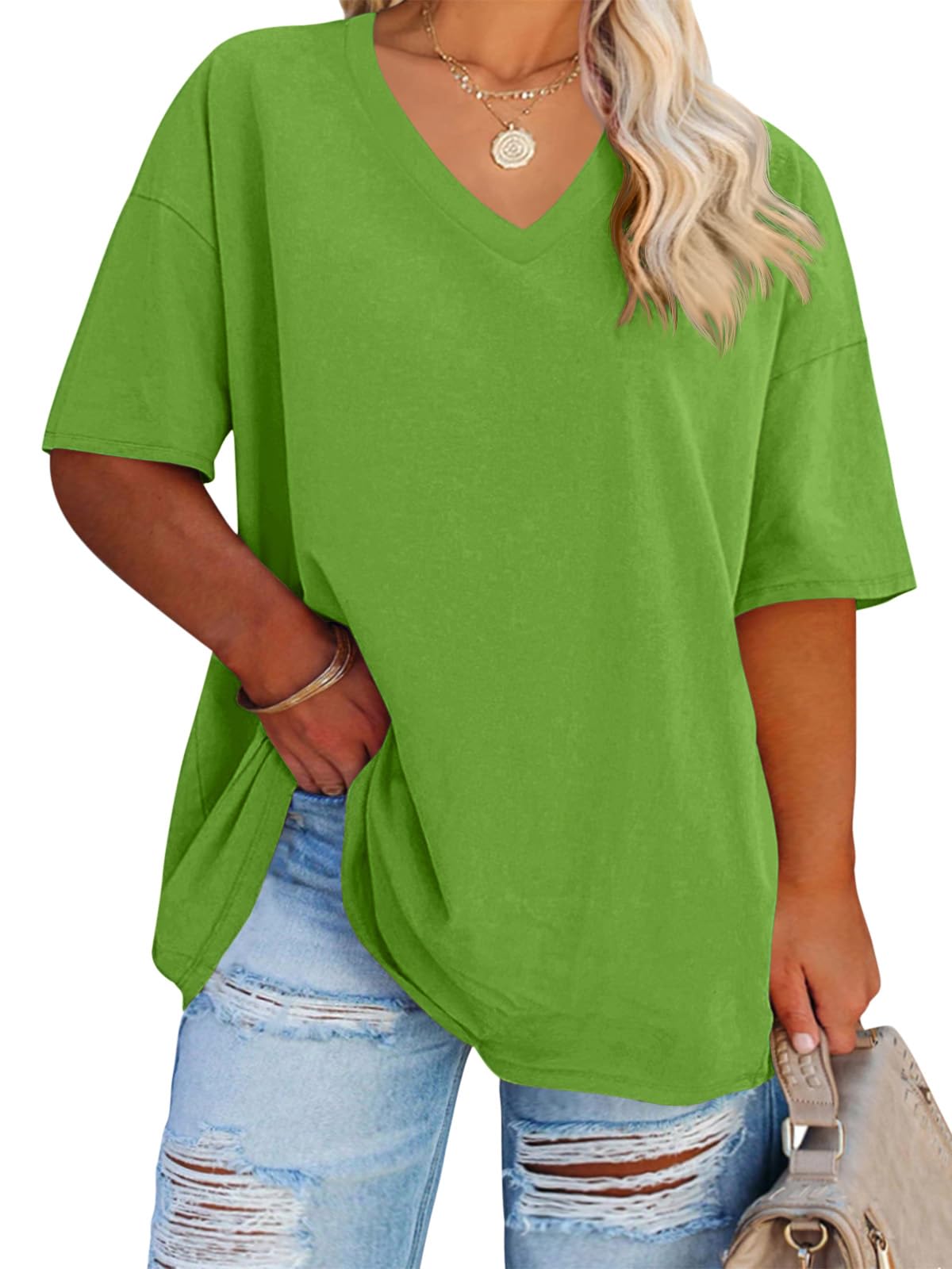 Cato Fashions Online - Women's Plus Size V-Neck Cotton T-Shirts - Summer Half Sleeve Casual Loose Fit Tunic Tops Grass Green