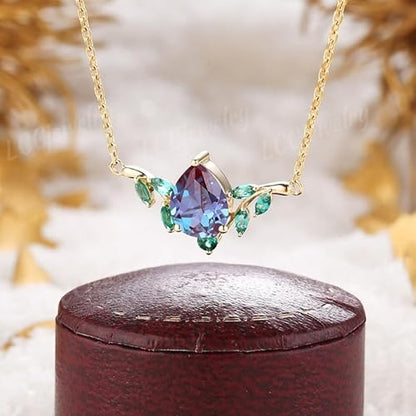 SHAMA JEWELS HUB Unique Alexandrite Spring Leaf Necklace Pendant Nature Inspired Yellow Gold Women Anniversary Necklace graduation gifts For Mom Jewelry