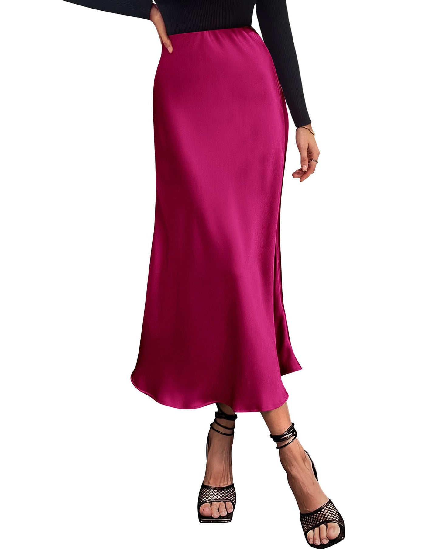 Women's High Waist Satin Midi Skirt - Elegant A-Line Flowy Party Wedding Skirt Rose Red